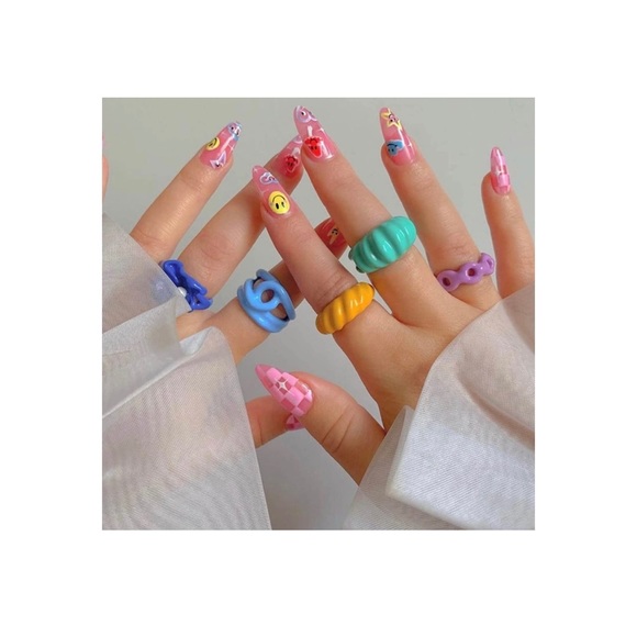 Colorful Acrylic Resin Chunky Rings, Set of 8 - Picture 4 of 7